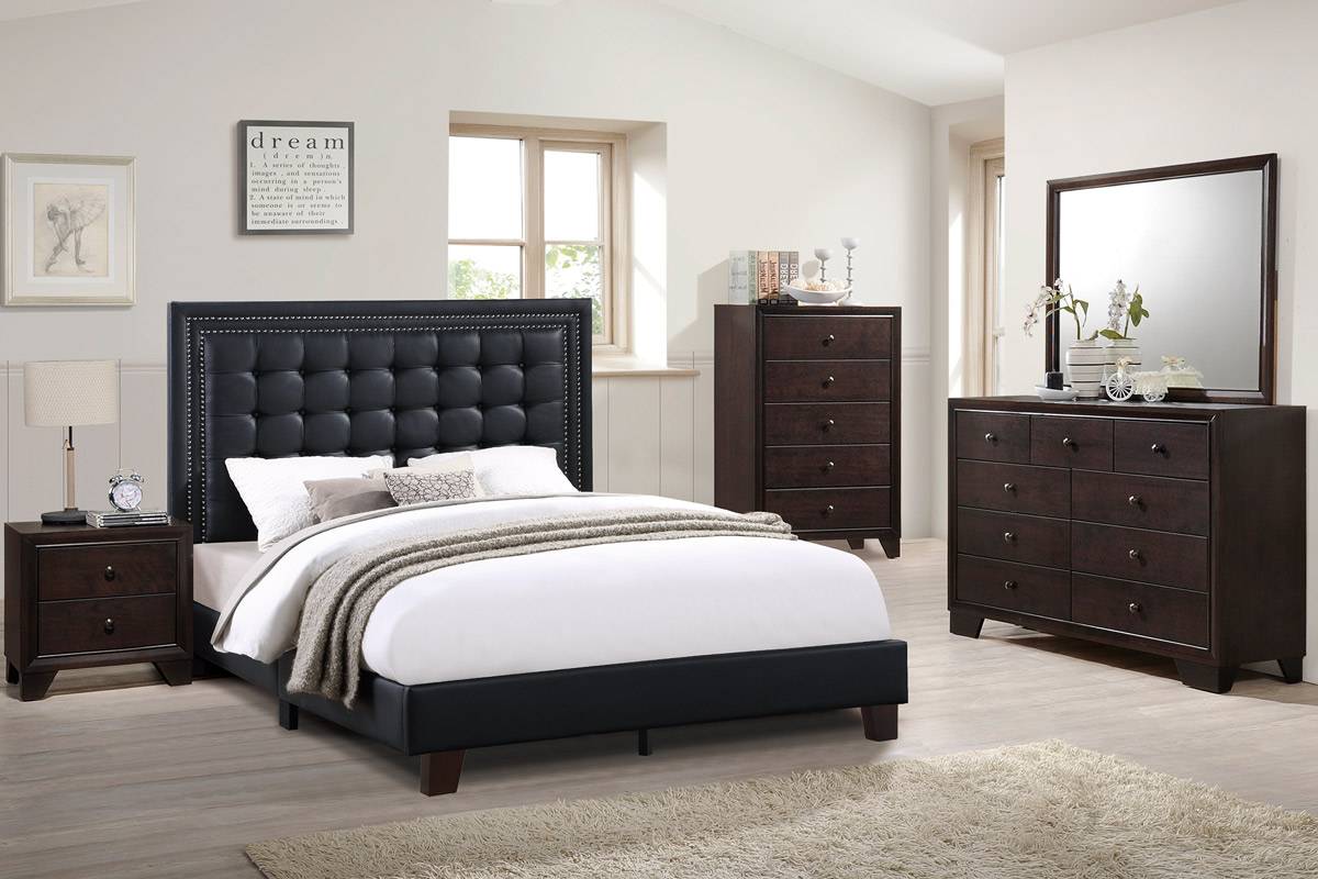Poundex F9587Q 4 pc black faux leather tufted queen bedroom set