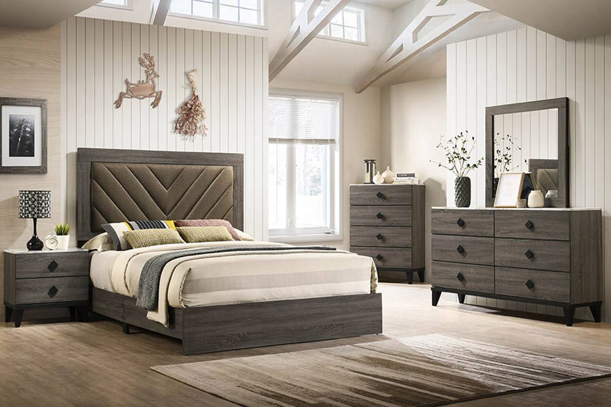 Poundex F9595Q-4PC Padded fabric headboard grey finish wood queen bed set Canora antoinette