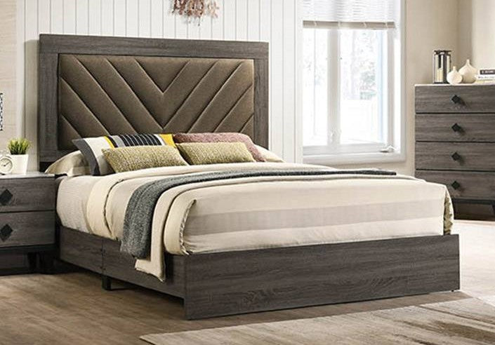F9595Q Padded fabric headboard grey finish wood queen bed set Canora antoinette