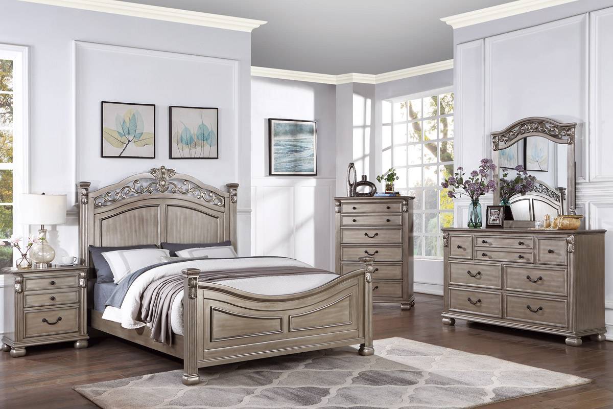 Poundex F9611Q-4PC 4 pc Morgan metallic finish wood with ornate headboard queen bed set