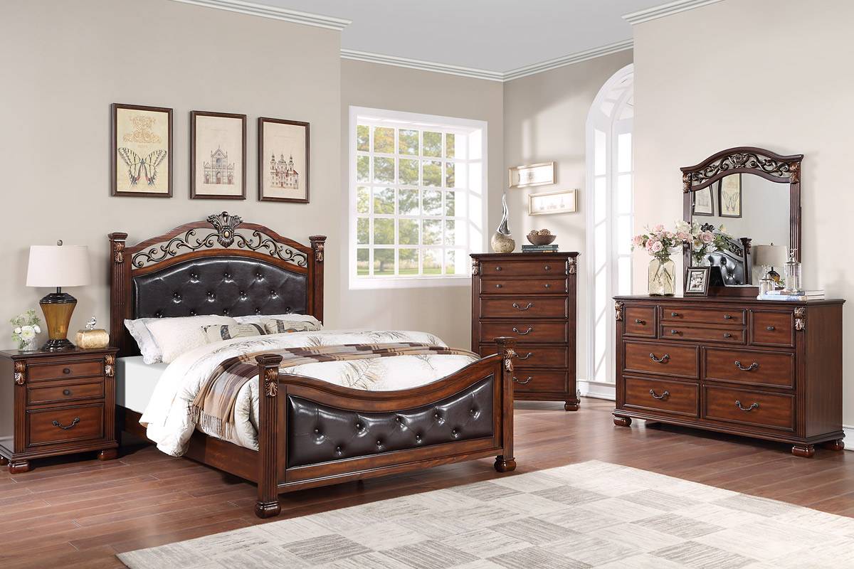 Poundex F9614Q-4PC 4 pc Morgan cherry brown finish wood ornate accented faux leather padded headboard and footboard queen bed set