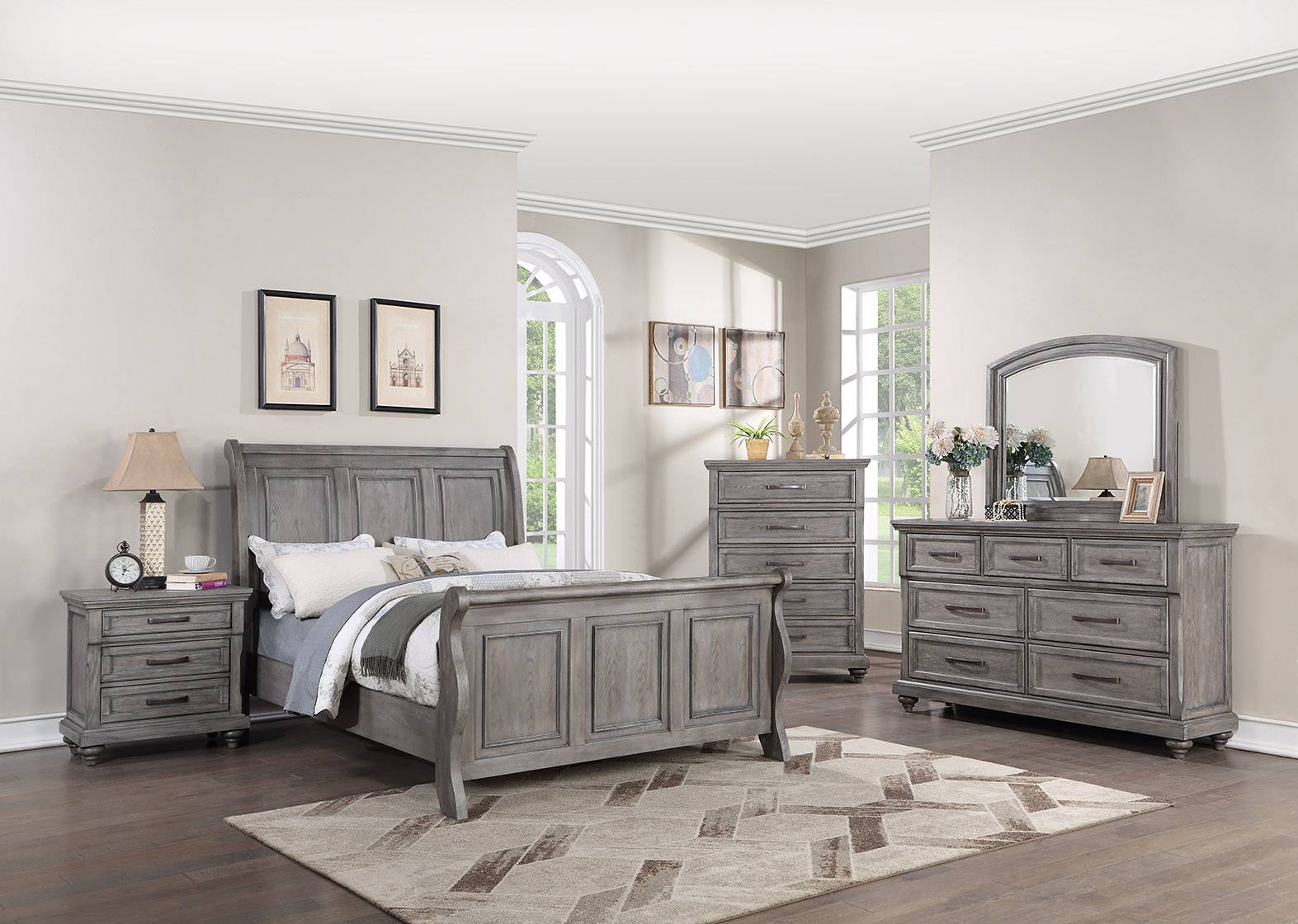 Poundex F9615Q-4PC 4 pc Morgan rustic weathered grey finish wood with sleigh style queen bed set