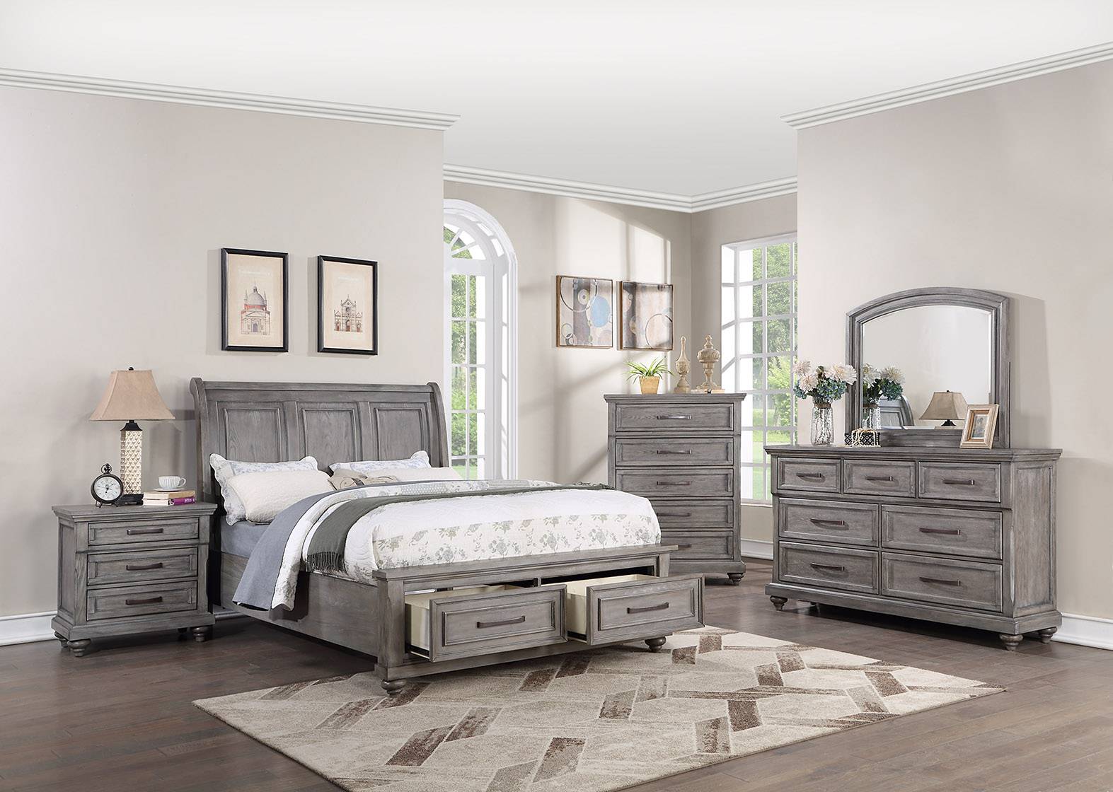 Poundex F9616Q-4PC 4 pc Morgan rustic weathered grey finish wood with footboard drawers queen bed set