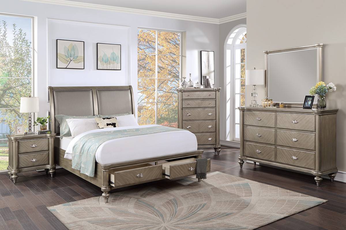 Poundex F9618Q-4PC 4 pc Morgan metallic finish wood with footboard storage drawers queen bed set