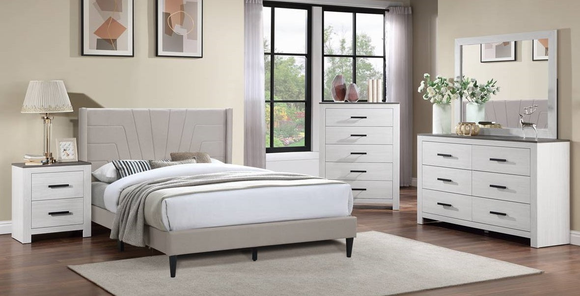 Poundex F9624Q-4PC 4 pc Light brown burlap white two tone finish wood country style queen bed set