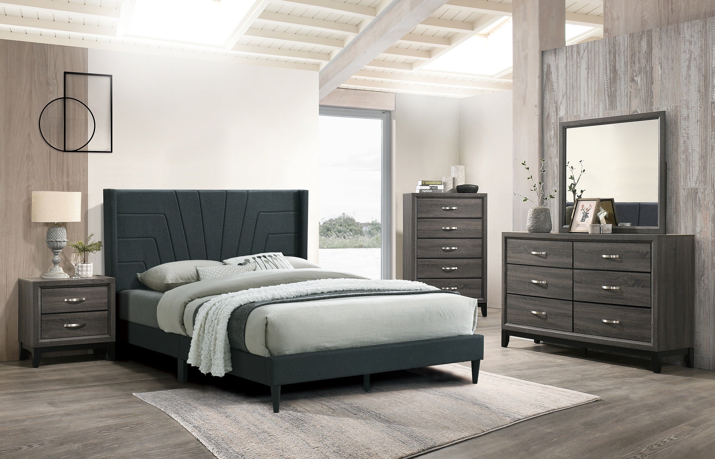 Poundex F9625Q-4PC 4 pc Greyish woodgrain finish wood charcoal grey burlap fabric queen bed set