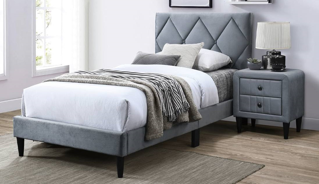 Poundex F9628T  Gray velvet fabric upholstered twin bed frame set Diamond pattern tufted headboard