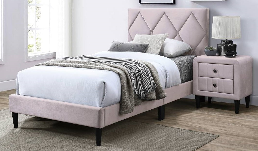 Poundex F9630T  Light pink velvet fabric upholstered twin bed frame set Diamond pattern tufted headboard