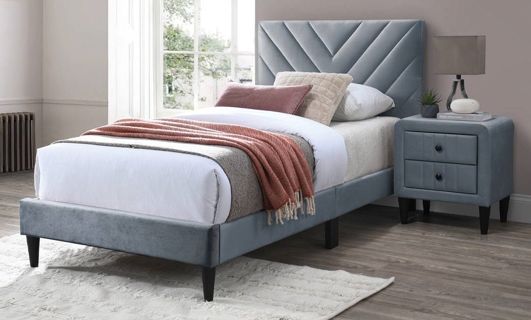 Poundex F9631T  Gray velvet fabric upholstered twin bed frame set chevron pattern tufted headboard