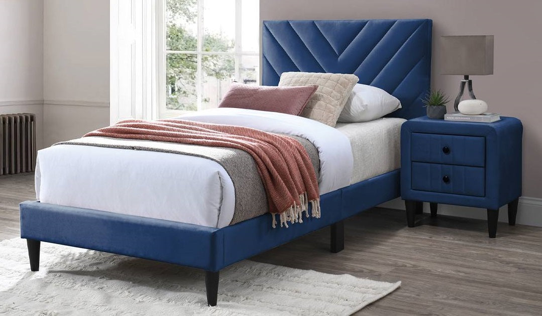 Poundex F9632T  Navy blue velvet fabric upholstered twin bed frame set chevron pattern tufted headboard
