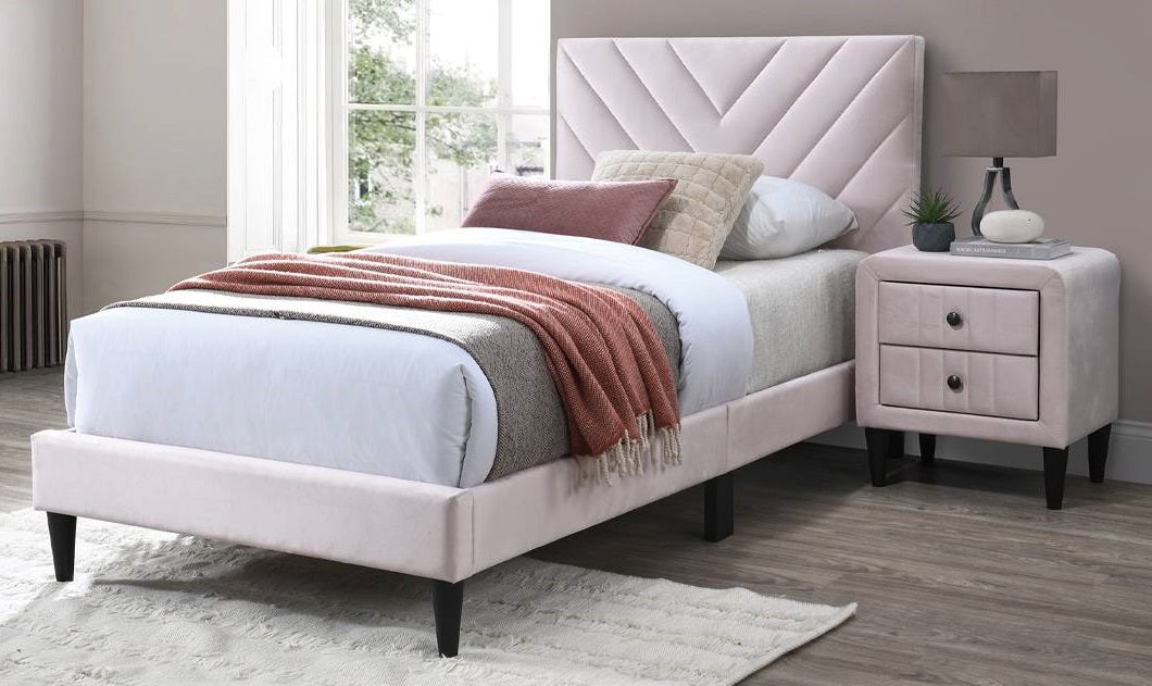 Poundex F9633T  Pink velvet fabric upholstered twin bed frame set chevron pattern tufted headboard