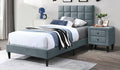 Poundex F9635F  Grey brushed linen fabric upholstered full bed frame set squares pattern tufted headboard