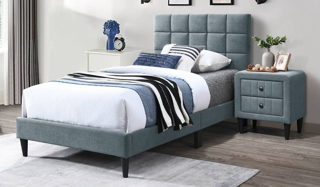 Poundex F9635F  Grey brushed linen fabric upholstered full bed frame set squares pattern tufted headboard