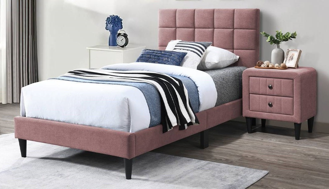 Poundex F9636T  Pink brushed linen fabric upholstered twin bed frame set squares pattern tufted headboard