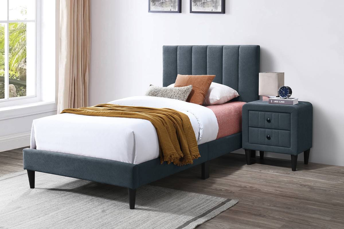 Poundex F9637T  Charcoal brushed linen fabric upholstered twin bed frame set vertical channels tufted headboard