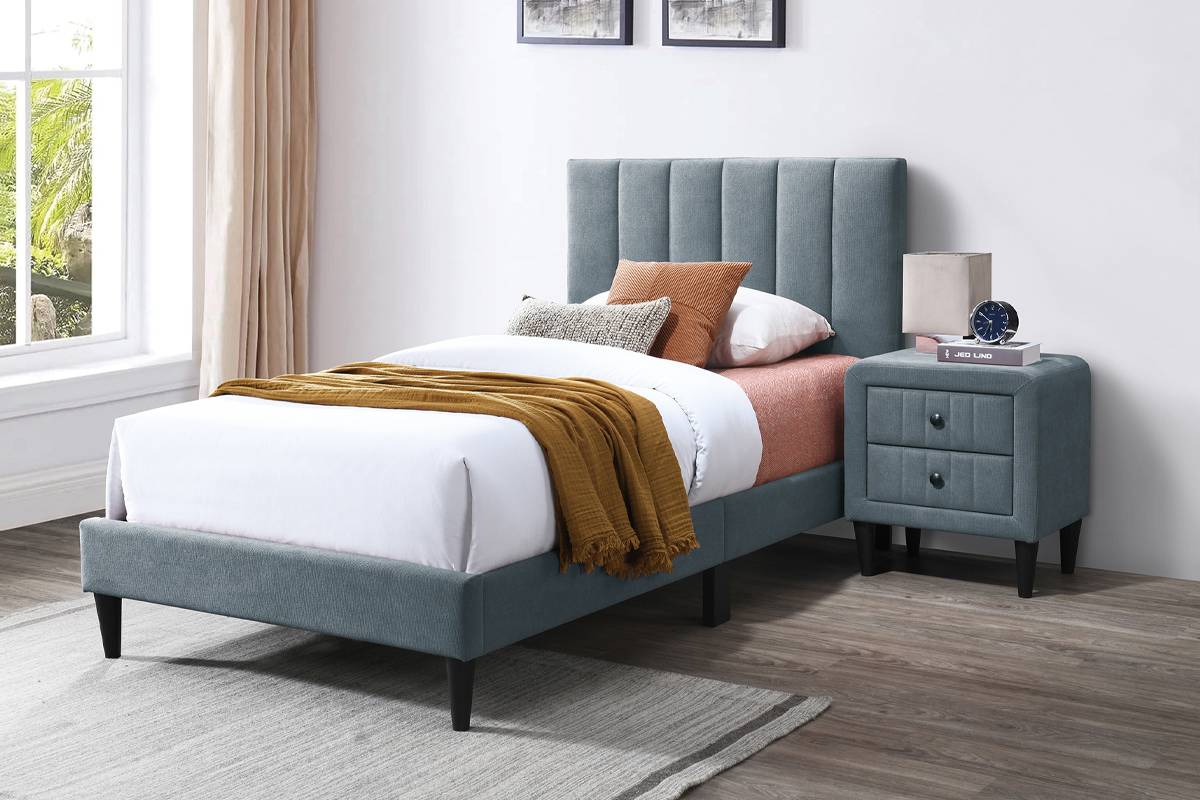 Poundex F9638T  Grey brushed linen fabric upholstered twin bed frame set vertical channels tufted headboard