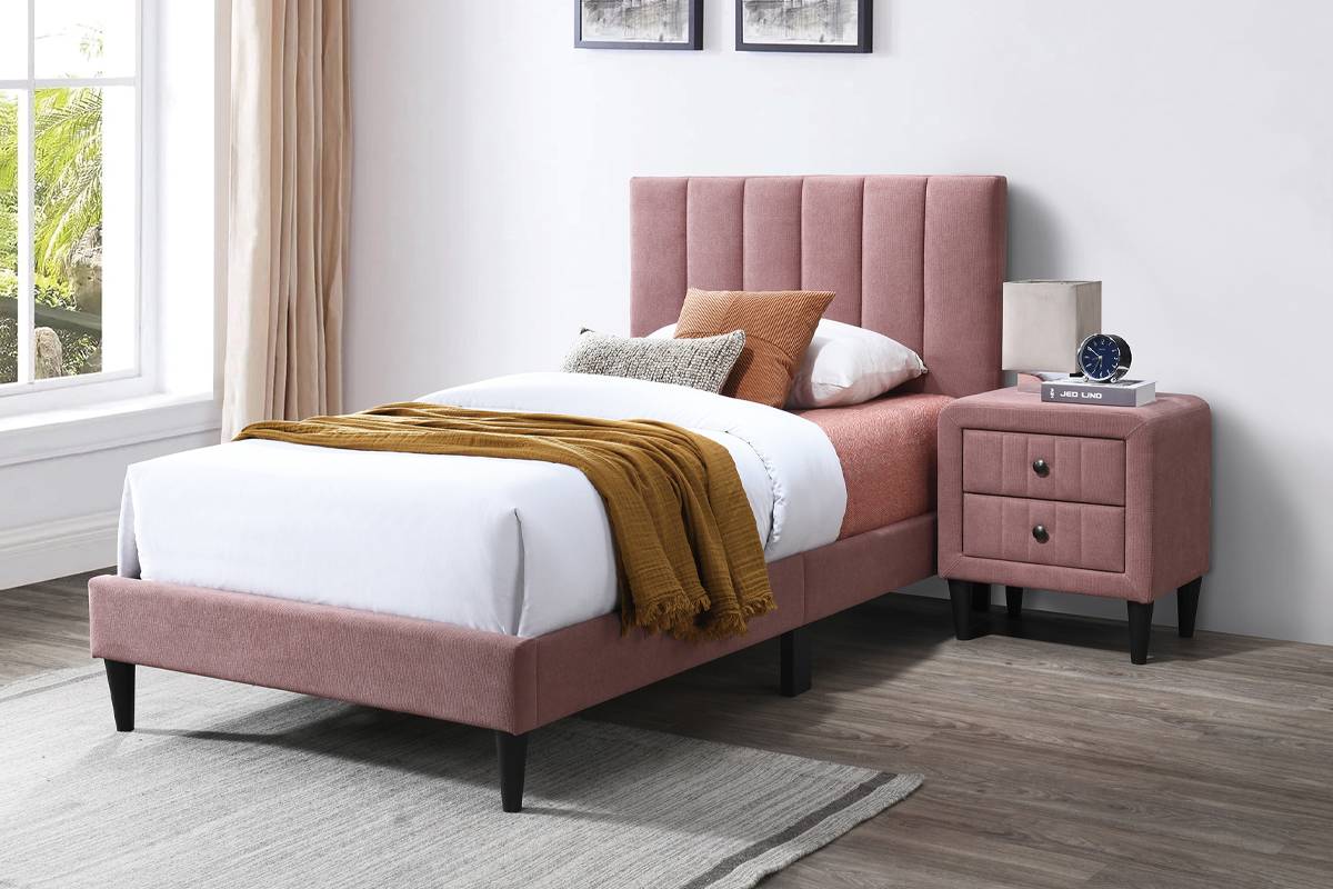 Poundex F9639T  Pink brushed linen fabric upholstered twin bed frame set vertical channels tufted headboard