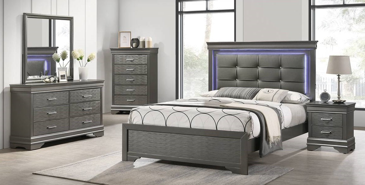 Poundex F9641Q-4PC 4 pc Grey textured finish wood gray faux leather LED lighting queen bed set