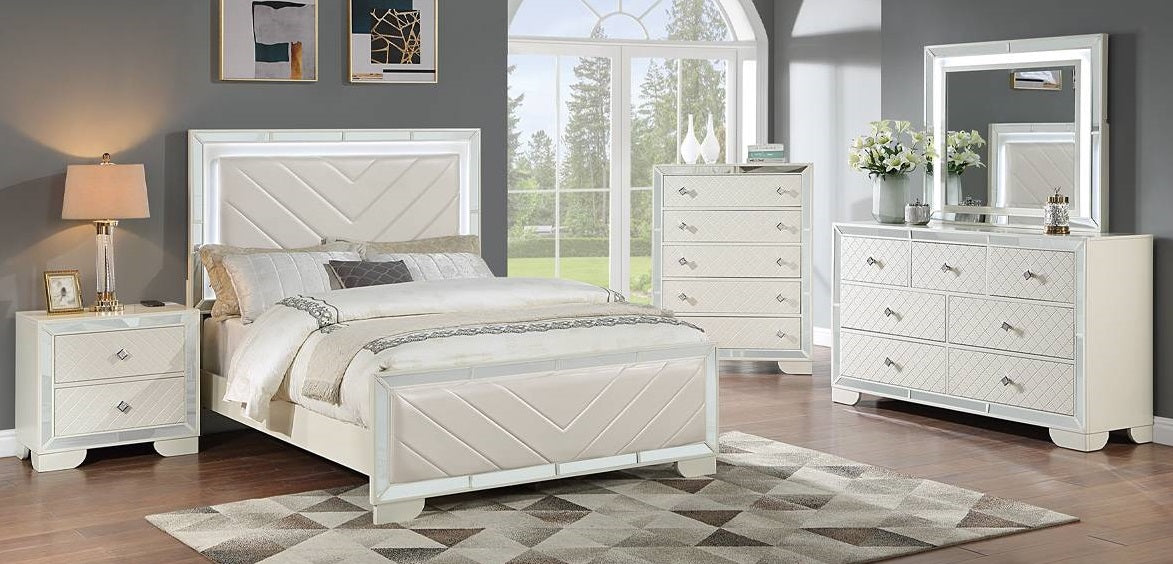 Poundex F9642Q-4PC 4 pc Cream textured finish wood cream faux leather LED lighting queen bed set