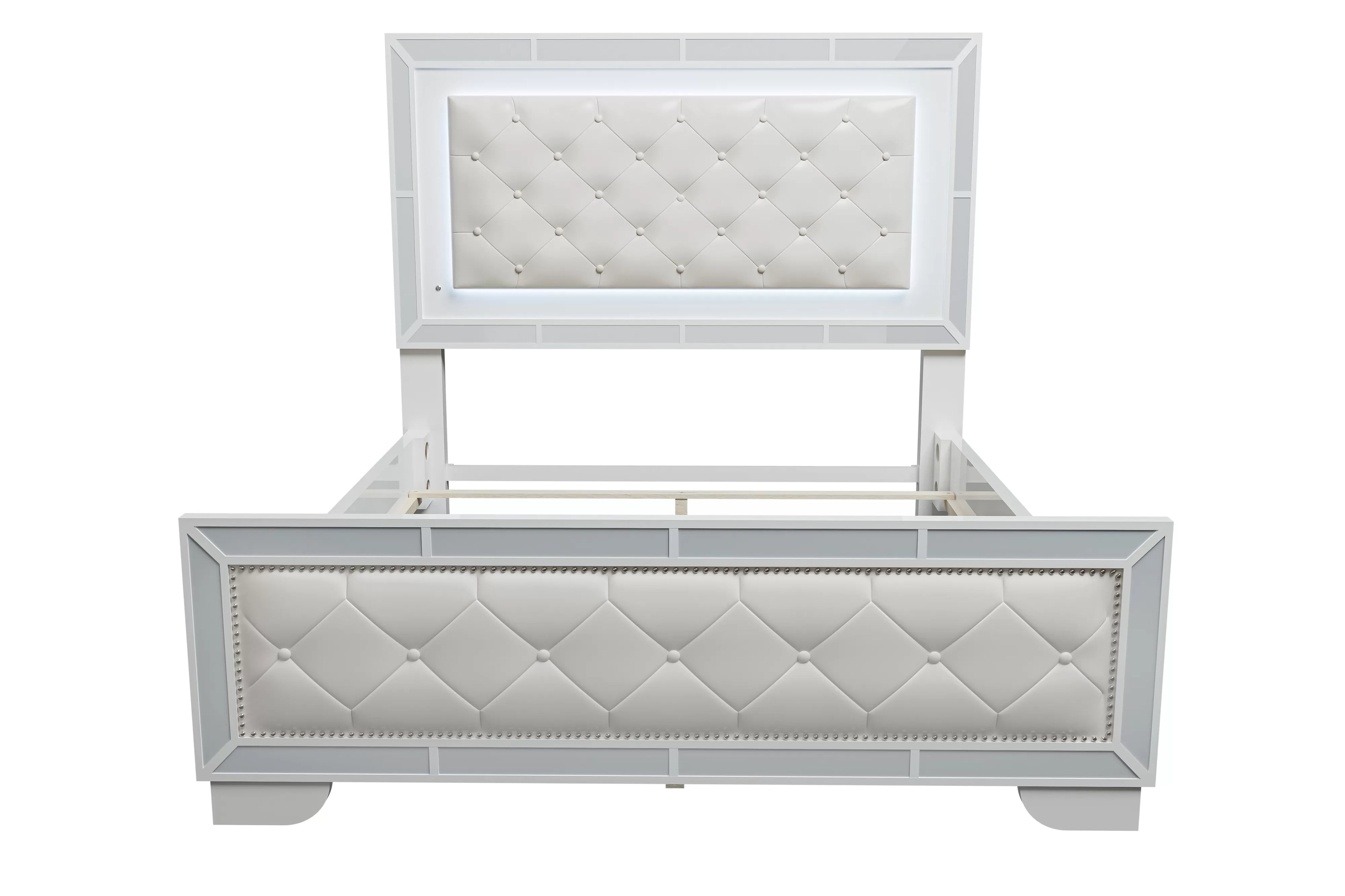 Cream Tufted Faux Leather LED Queen Bedroom Set – F9643Q-4PC