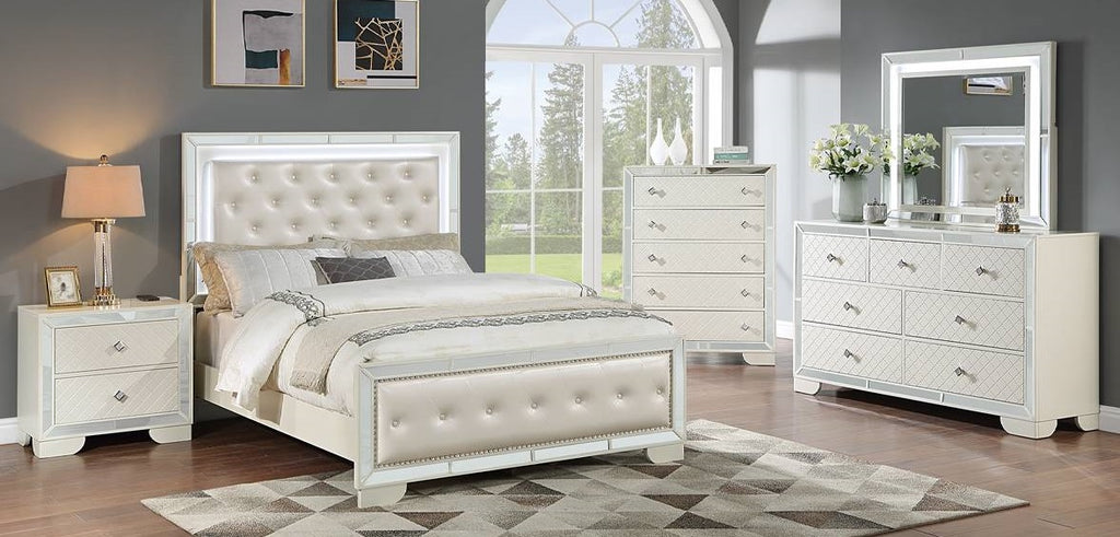 Cream Tufted Faux Leather LED Queen Bedroom Set – F9643Q-4PC