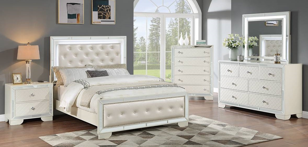Poundex F9643Q-4PC 4 pc Cream textured finish wood cream tufted faux leather LED lighting queen bed set