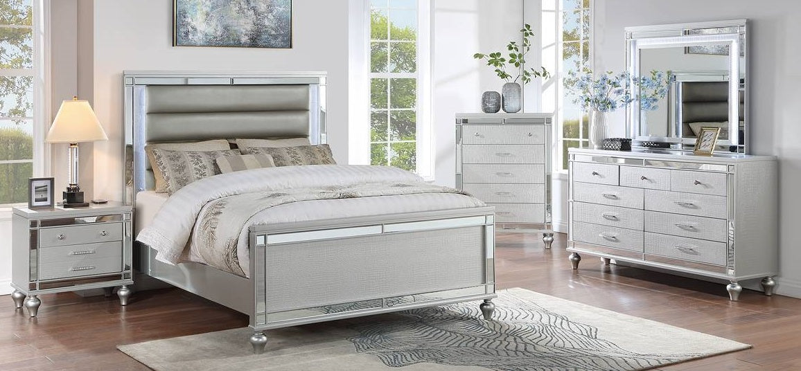 Poundex F9645Q-4PC 4 pc Silver textured finish wood silver tufted faux leather LED lighting queen bed set wireless charging