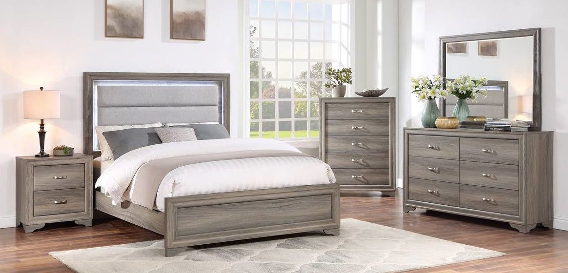 Poundex F9646Q-4PC 4 pc Greyish brown weathered finish wood light brown burlap fabric queen bed set