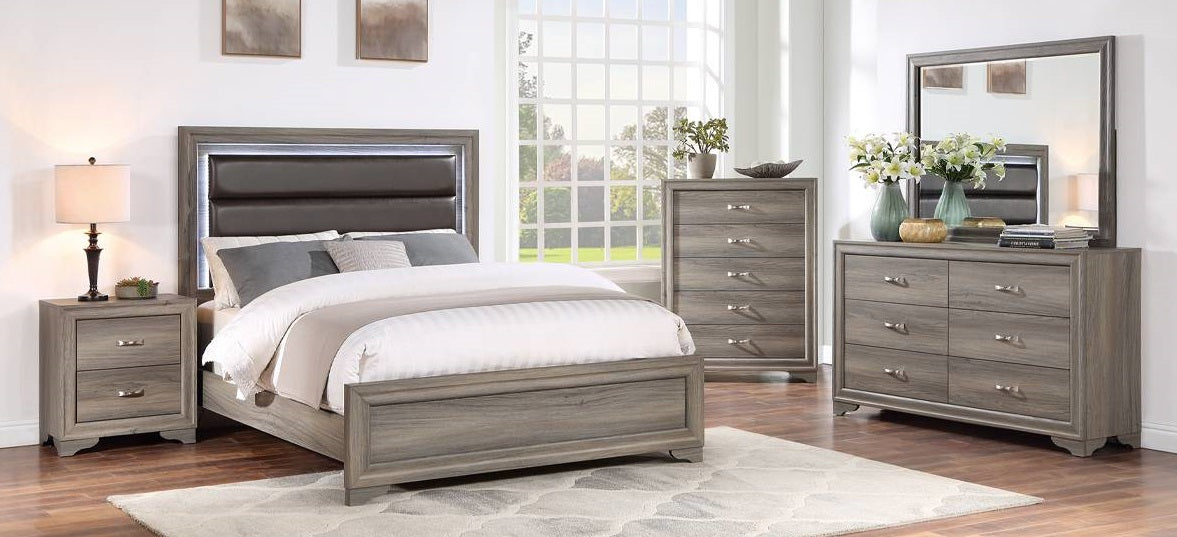 Poundex F9647Q-4PC 4 pc Greyish brown weathered finish wood espresso faux leather LED lighting queen bed set