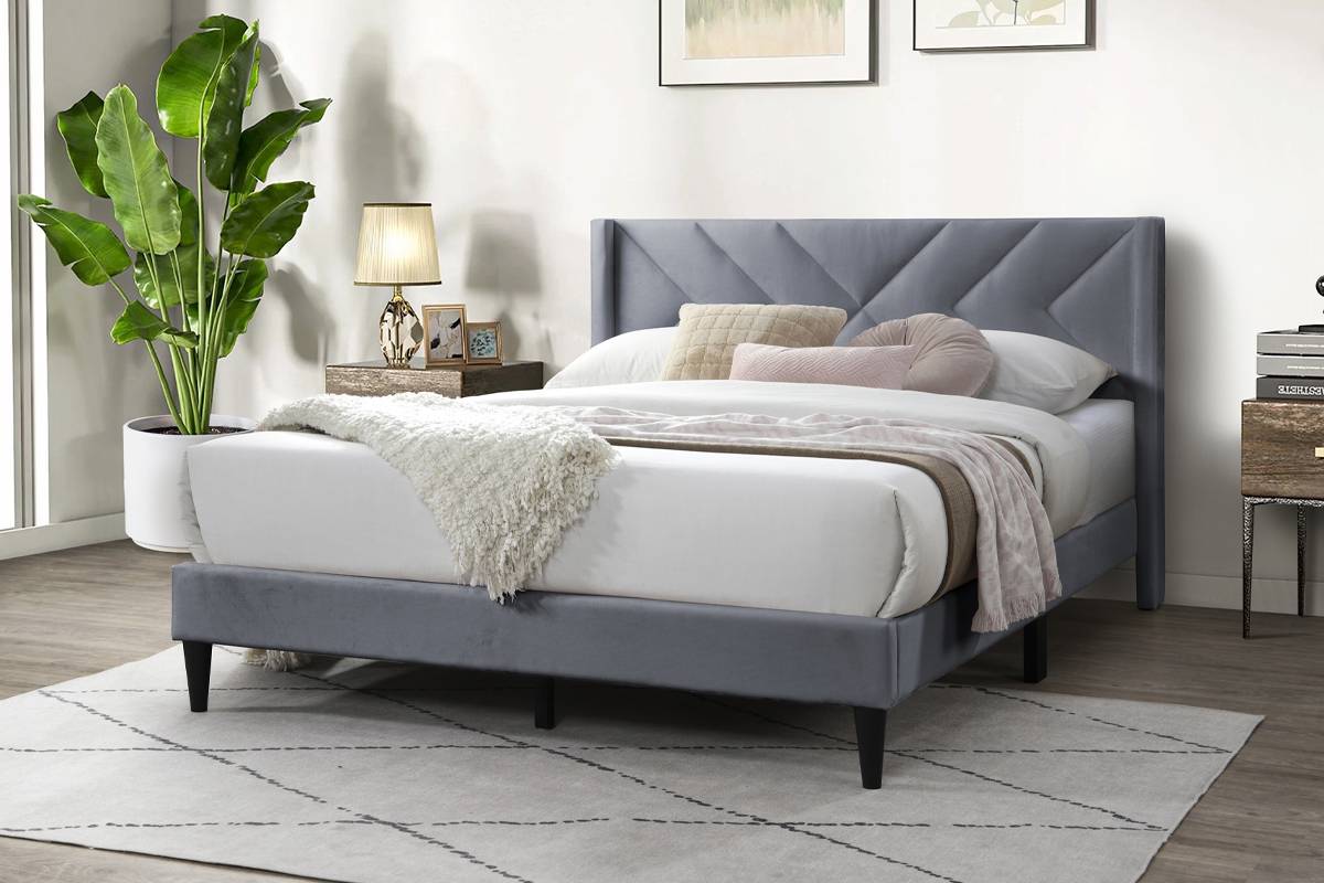 Poundex F9648Q Vivian grey velvet fabric queen size bed with art deco style accents