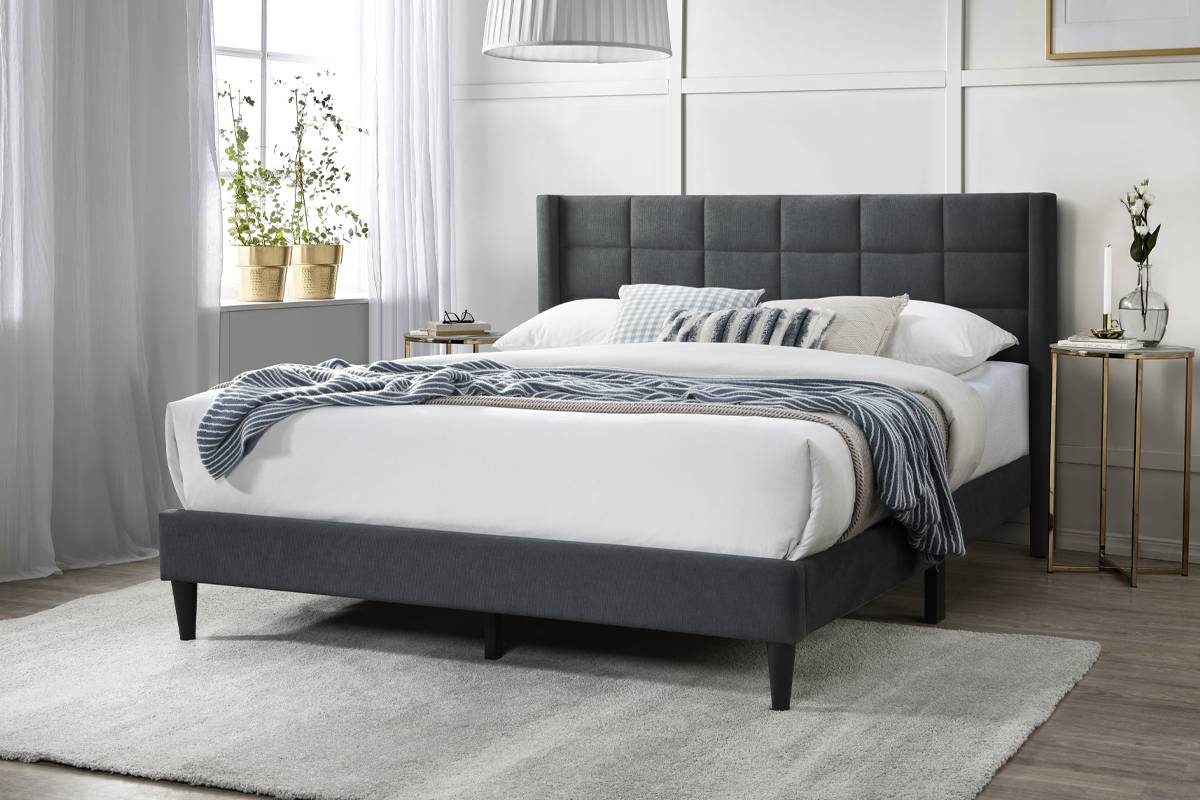 Poundex F9650Q Vivian charcoal brushed linen fabric queen size bed with art deco style accents
