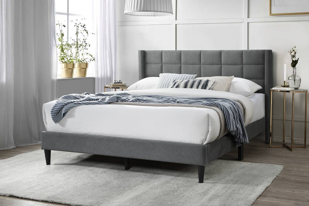 Poundex F9651Q Vivian light grey brushed linen fabric queen size bed with art deco style accents