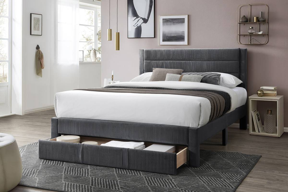 Poundex F9656Q Jasmine grey corduroy fabric queen size bed with modern style and footboard storage drawer
