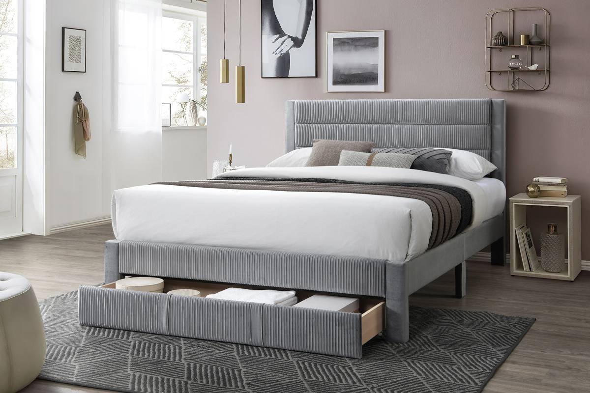 Poundex F9657Q Jasmine light grey corduroy fabric queen size bed with modern style and footboard storage drawer