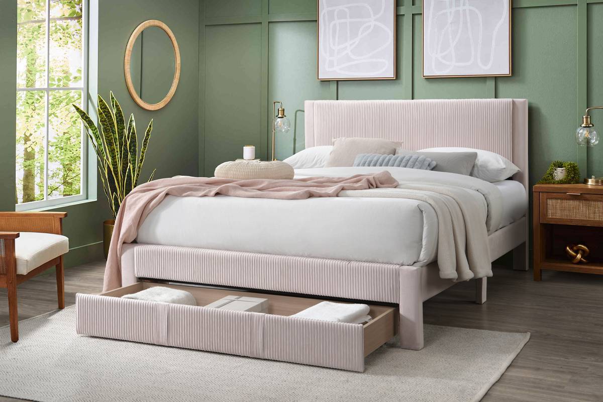 Poundex F9659Q Jasmine light pink corduroy fabric queen size bed with modern style and footboard storage drawer