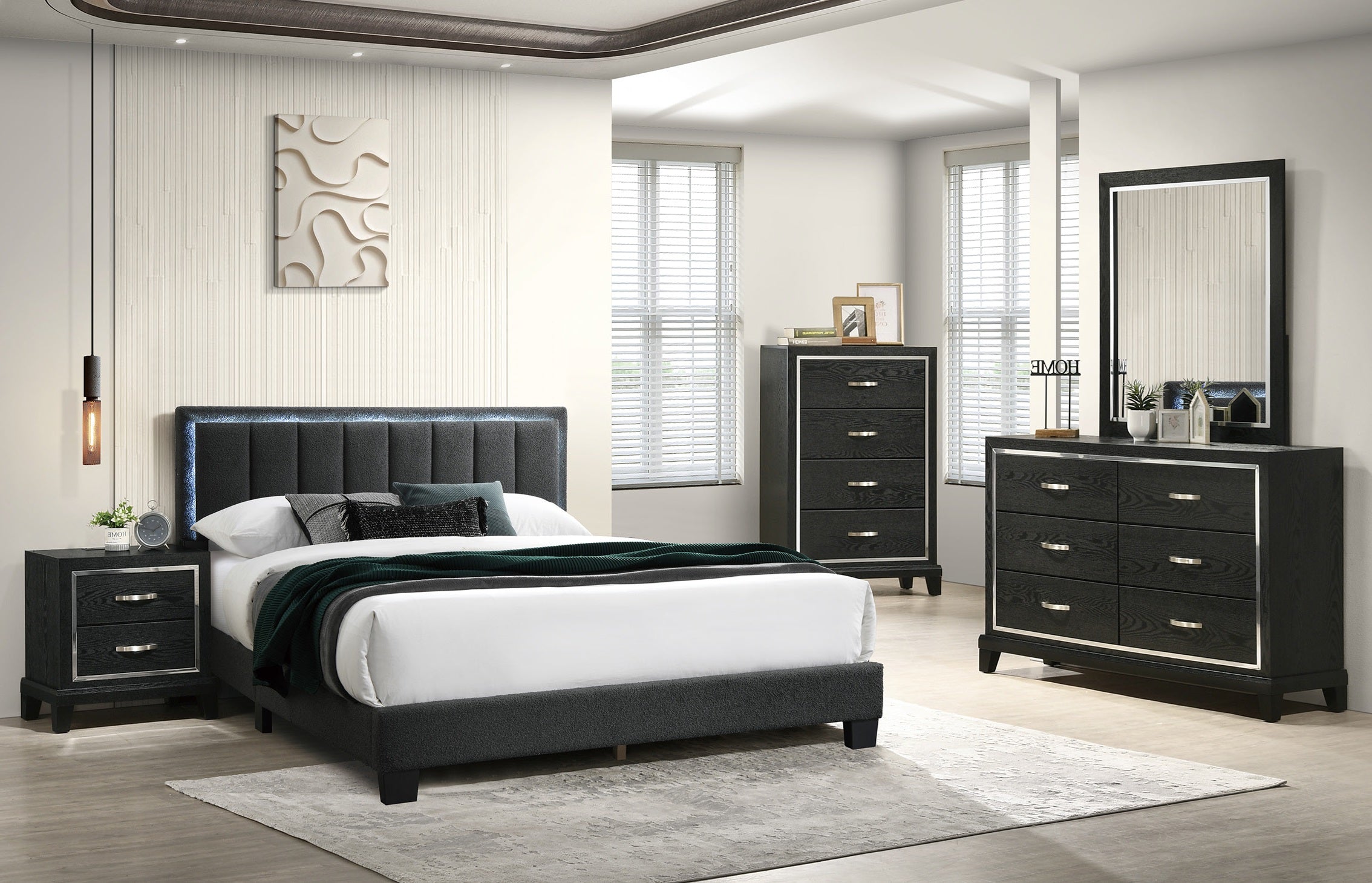 Poundex F9660Q-4PC 4 pc Charcoal wool fabric design tufted and padded queen bedroom set LED lighting accents