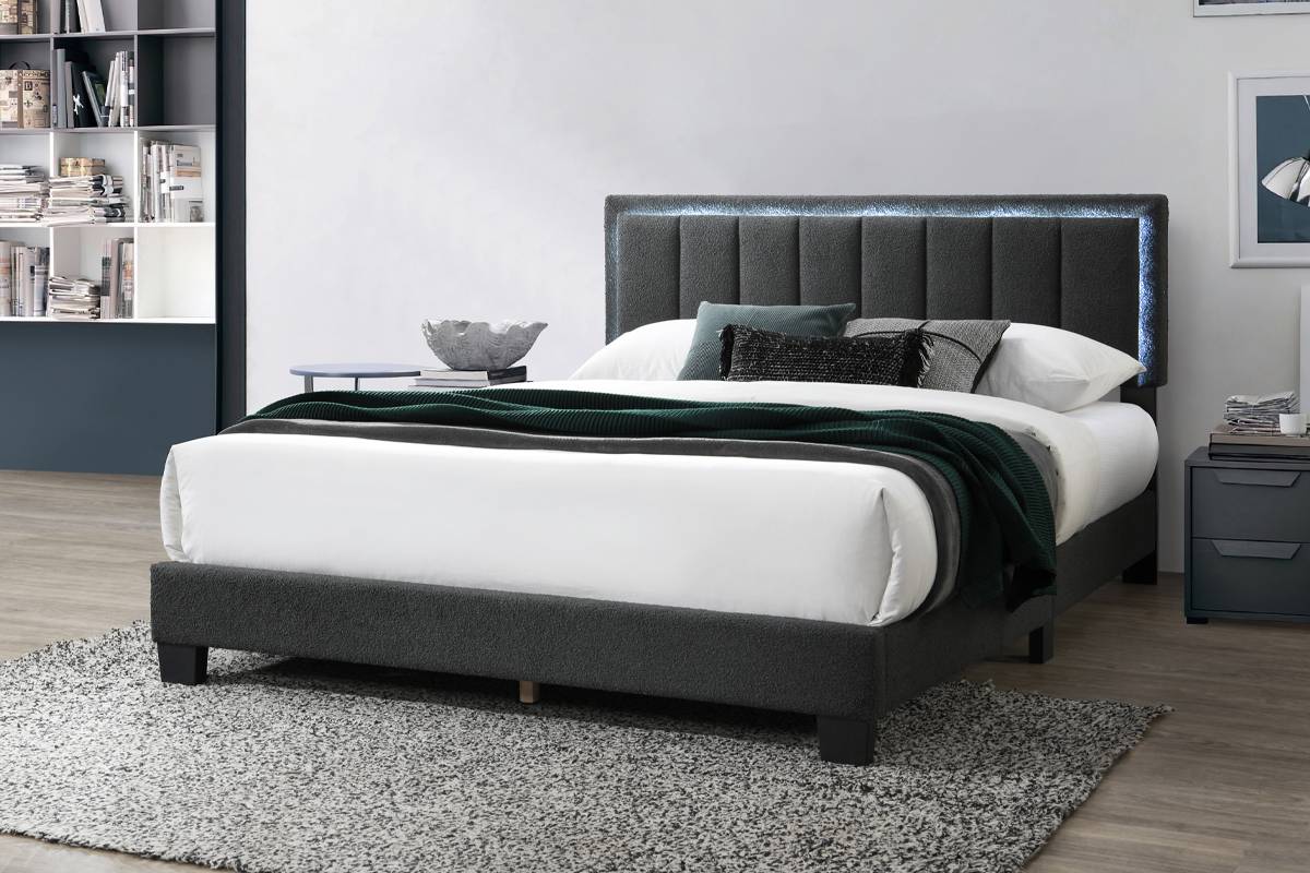 Poundex F9660Q Starlight charcoal wool fabric queen size bed with modern style and LED accent lighting