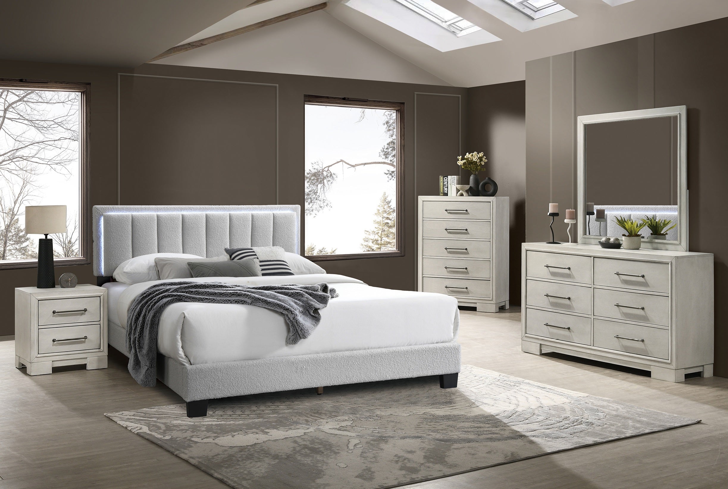 Poundex F9661Q-4PC 4 pc White wool fabric design tufted and padded queen bedroom set LED lighting accents