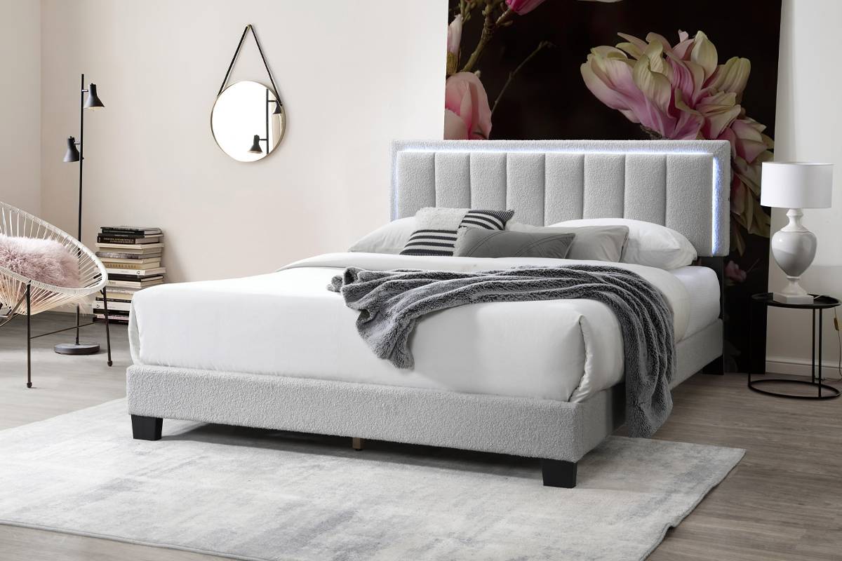 Poundex F9661Q Starlight light grey wool fabric queen size bed with modern style and LED accent lighting