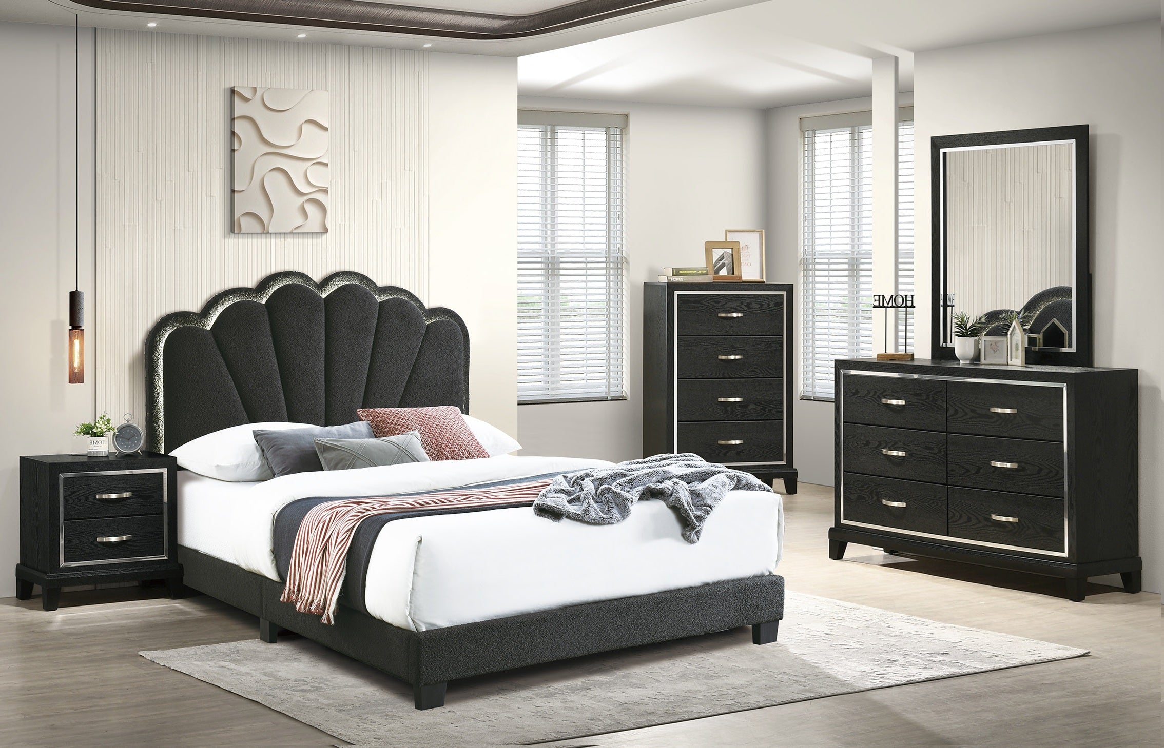 Poundex F9662Q-4PC 4 pc Charcoal wool fabric scalloped design tufted and padded queen bedroom set LED lighting accents