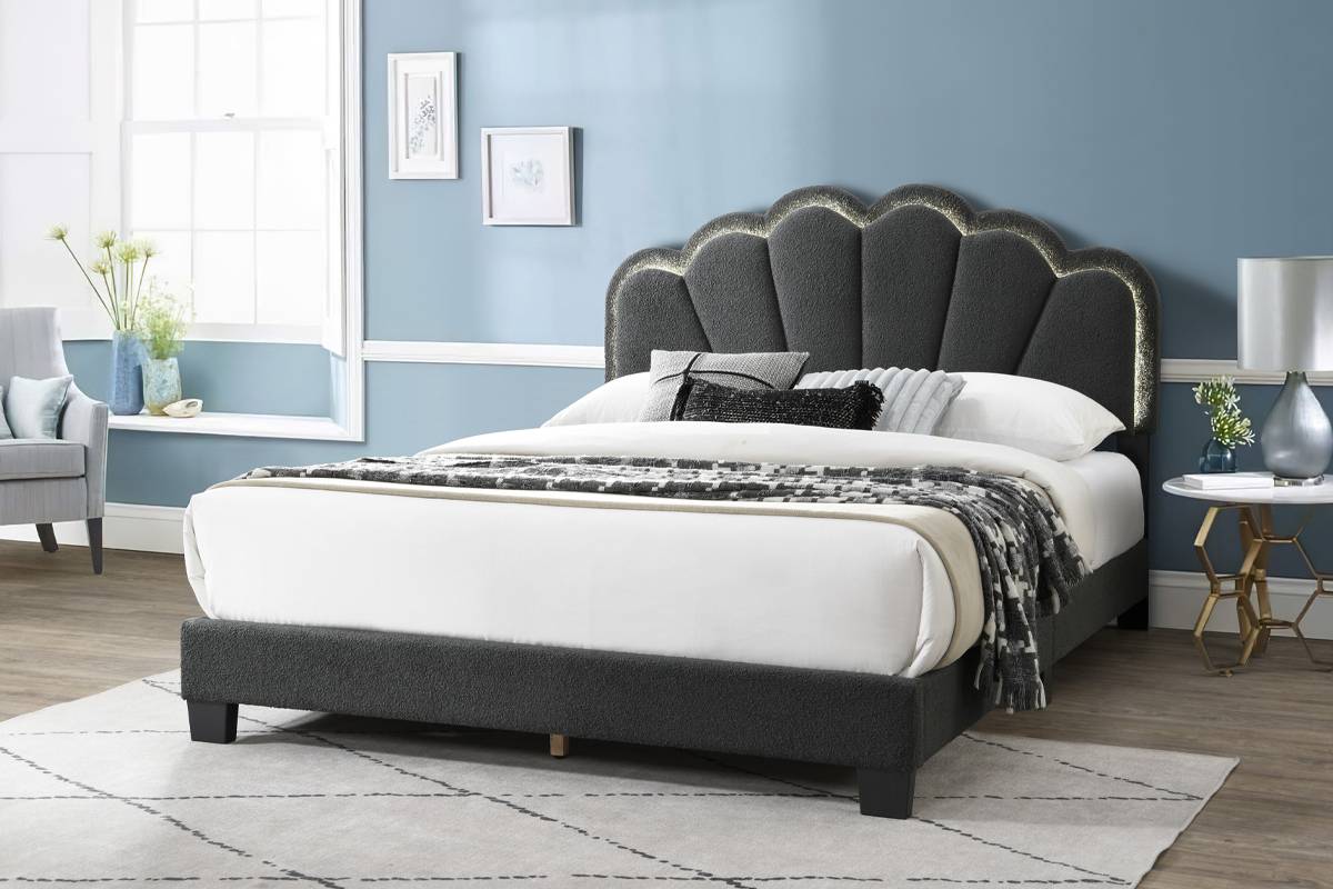 Poundex F9662Q Starlight charcoal wool fabric queen size bed with modern style and LED accent lighting