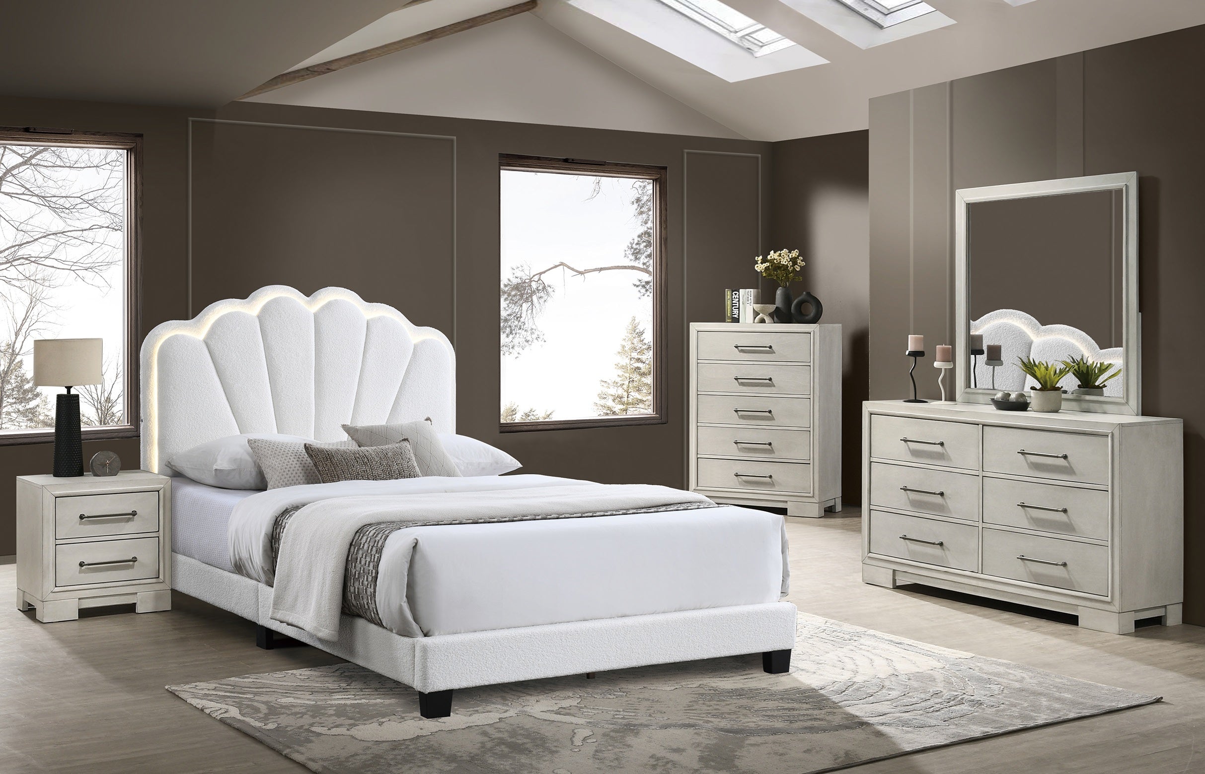 Poundex F9663Q-4PC 4 pc White wool fabric design tufted scalloped design padded queen bedroom set LED lighting accents