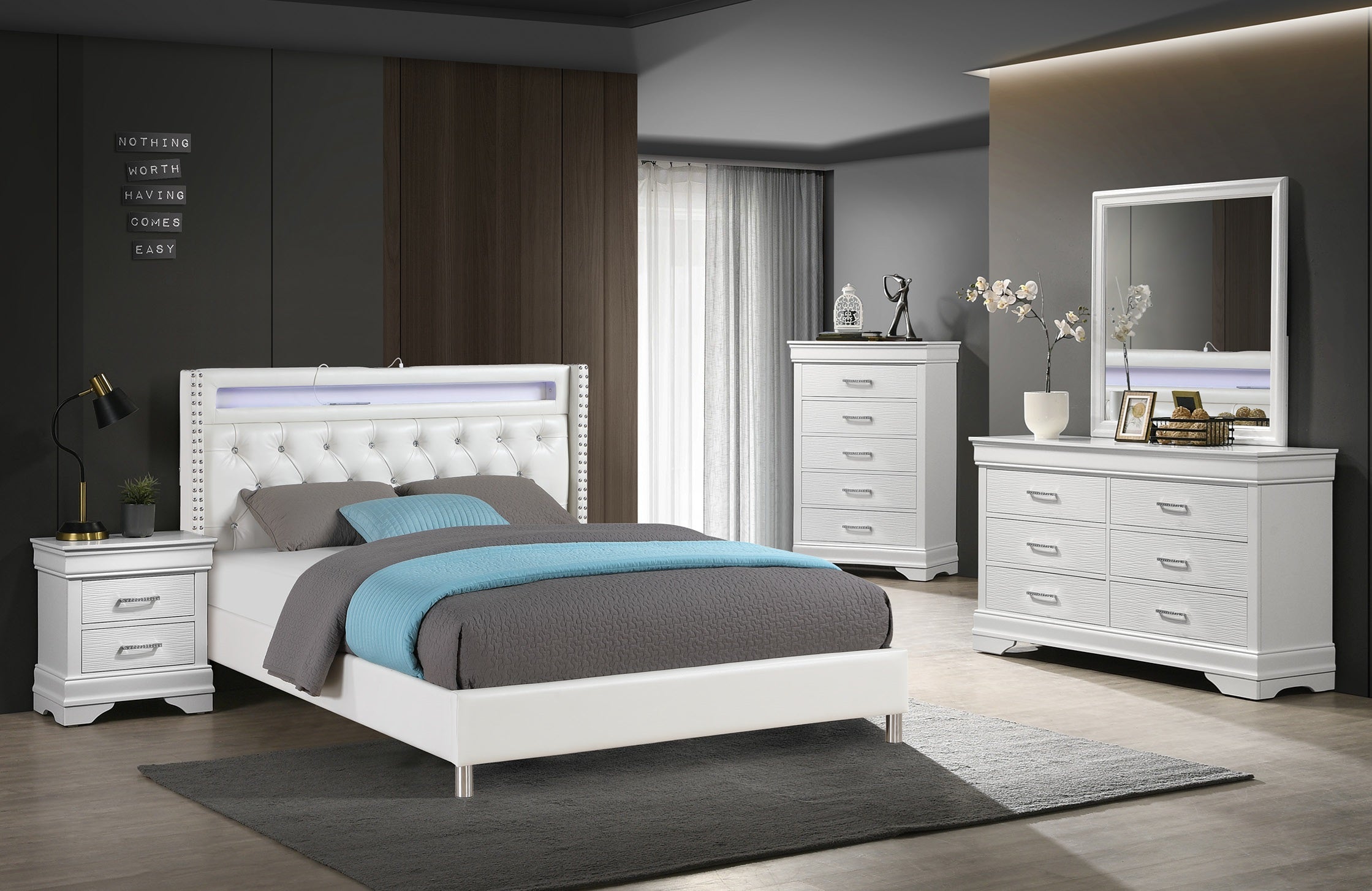 Poundex F9664Q-4PC 4 pc White faux leather tufted LED lighting accents white finish wood queen bed set