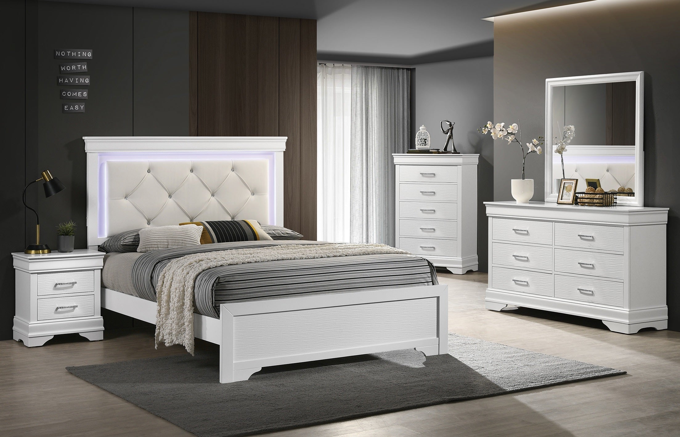 Poundex F9665Q-4PC 4 pc White faux leather tufted LED lighting accents white finish wood queen bed set