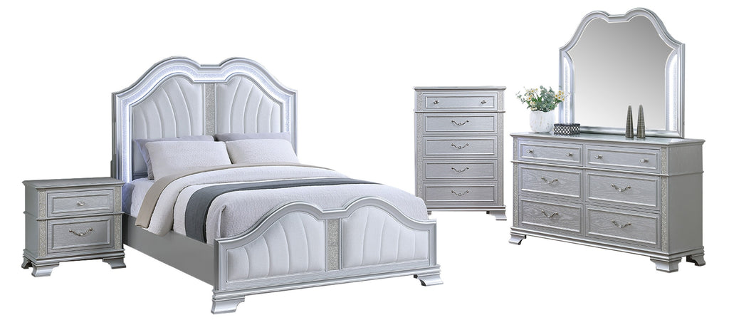 Poundex F9670Q-4PC 4 pc Light grey finish wood fabric padded headboard LED lighting queen bed set