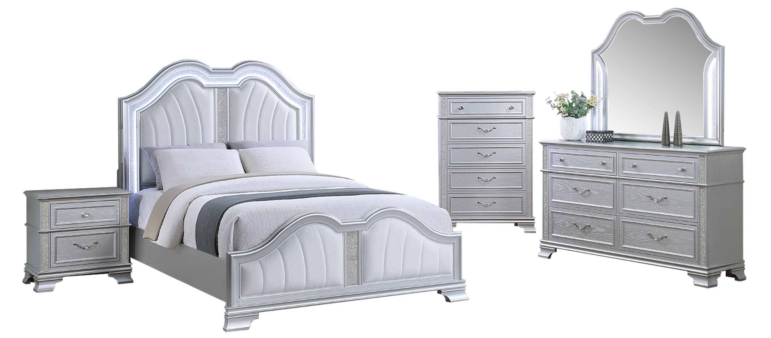 Poundex F9670Q-4PC 4 pc Light grey finish wood fabric padded headboard LED lighting queen bed set