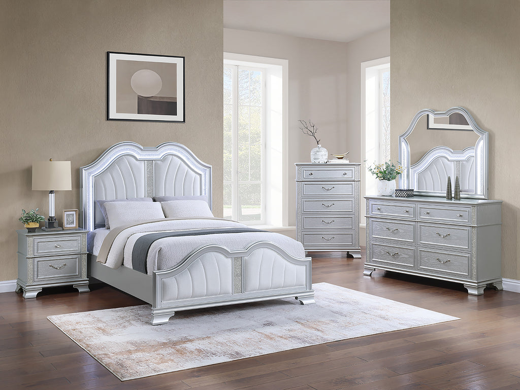 Poundex F9670Q-4PC 4 pc Light grey finish wood fabric padded headboard LED lighting queen bed set