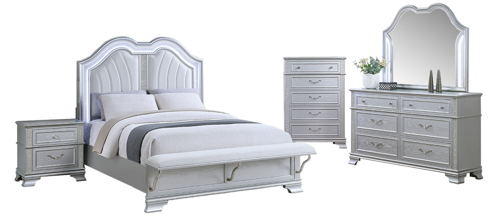 Poundex F9671Q-4PC 4 pc Light grey finish wood fabric padded headboard LED lighting queen bed set bench footboard