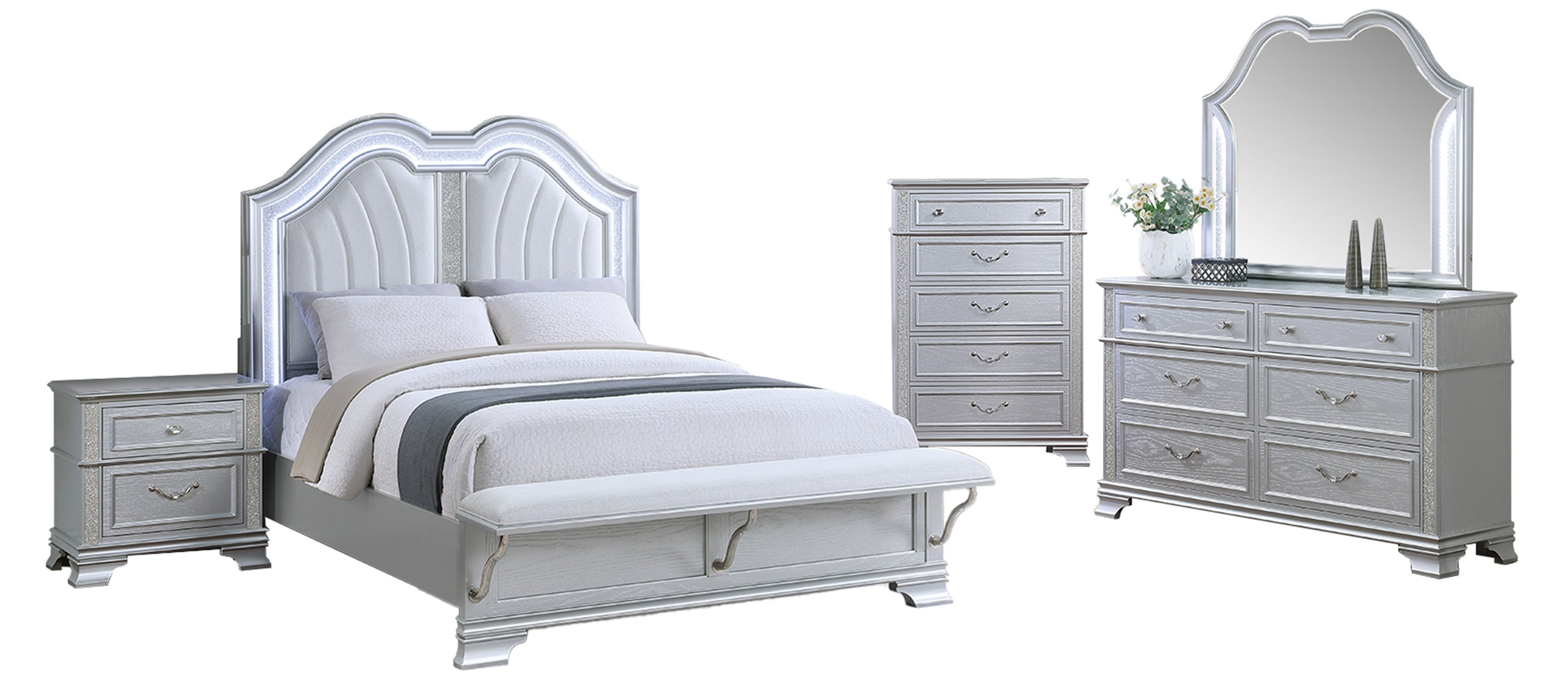 Poundex F9671Q-4PC 4 pc Light grey finish wood fabric padded headboard LED lighting queen bed set bench footboard