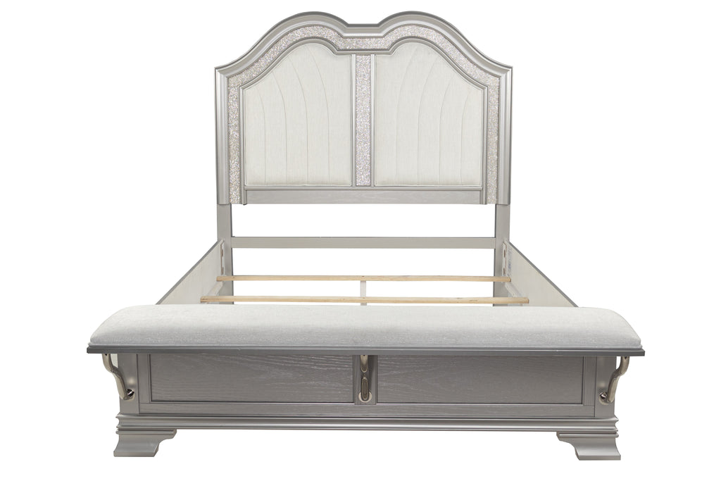 Poundex F9671Q-4PC 4 pc Light grey finish wood fabric padded headboard LED lighting queen bed set bench footboard